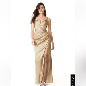 Azazie Sukia Champagne Mermaid Pleated Metallic Satin Dress A2
